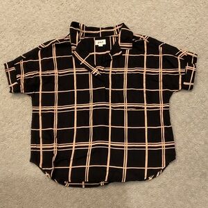 Pact Black Button-Up Top with Peach-Beige Windowpane Stripes 0385